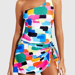 Women’s Swimsuit W/Attached Skirt One Shoulder Vibrant Colors Sz XXL 14-16